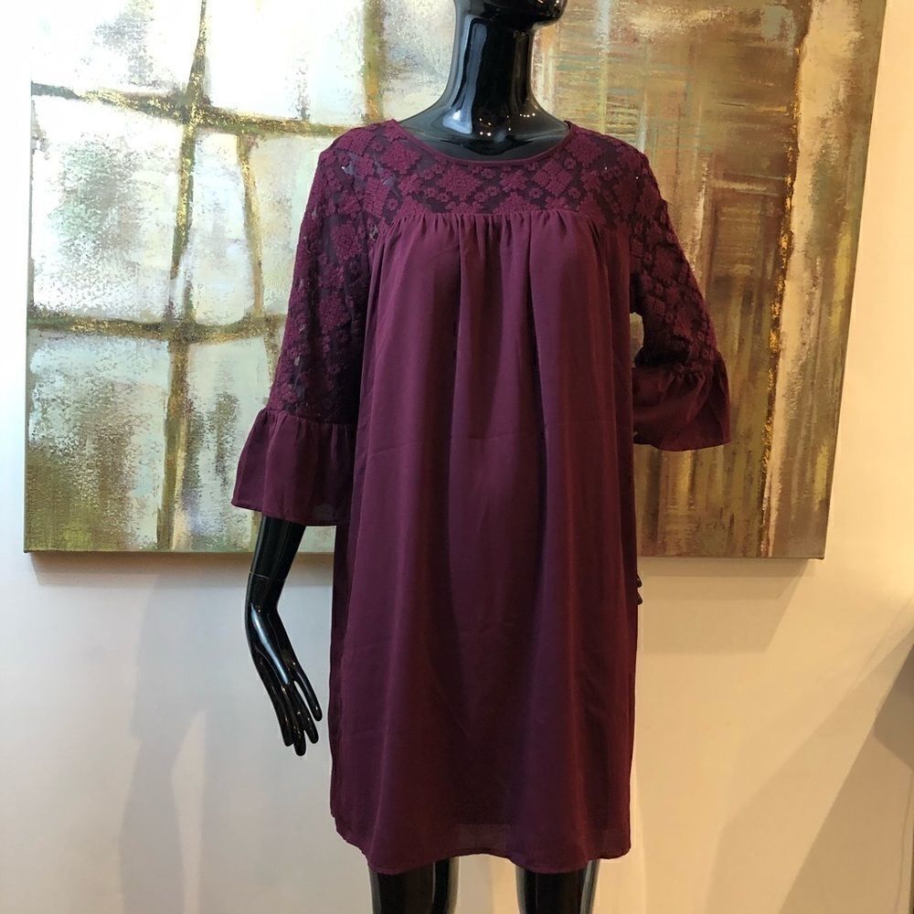 Pleione Embroidered See Through Bell Sleeve Dress
